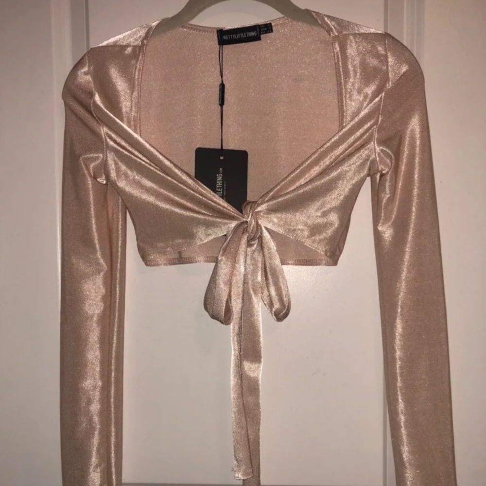Shimmer Beige tie front crop top